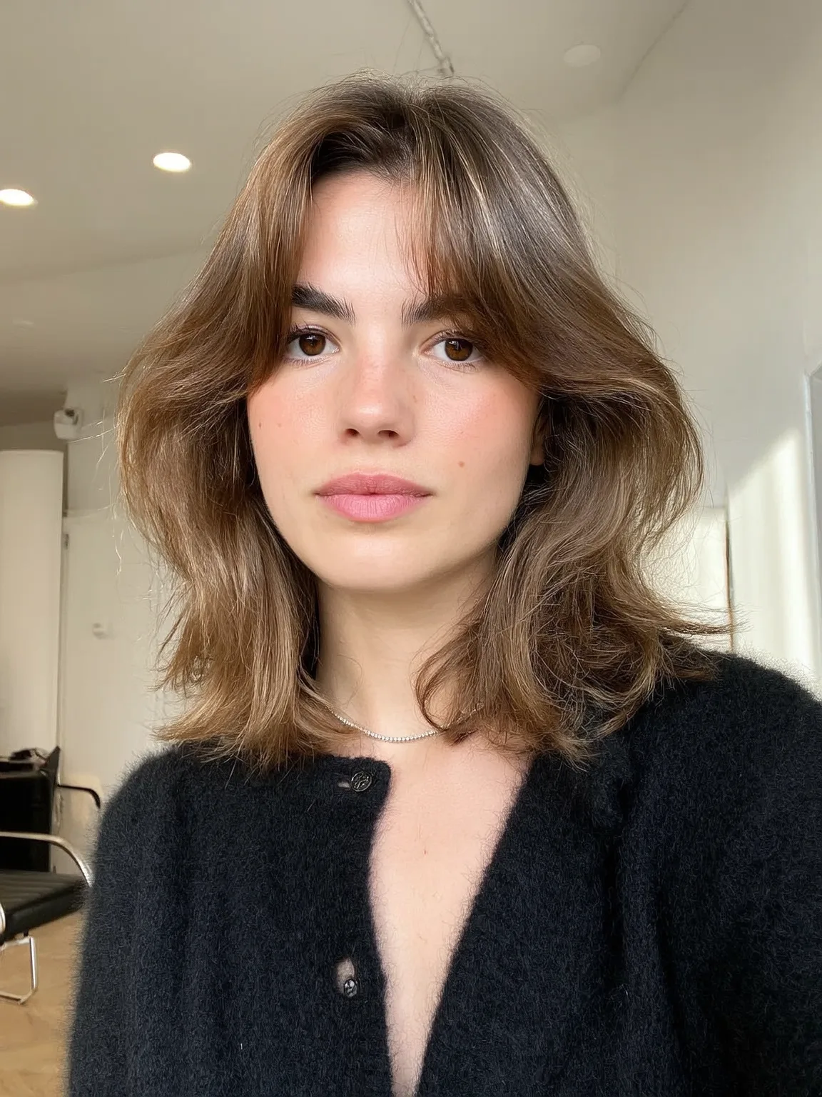Caramel Brown Wavy Lob with Elegant Curtain Bangs