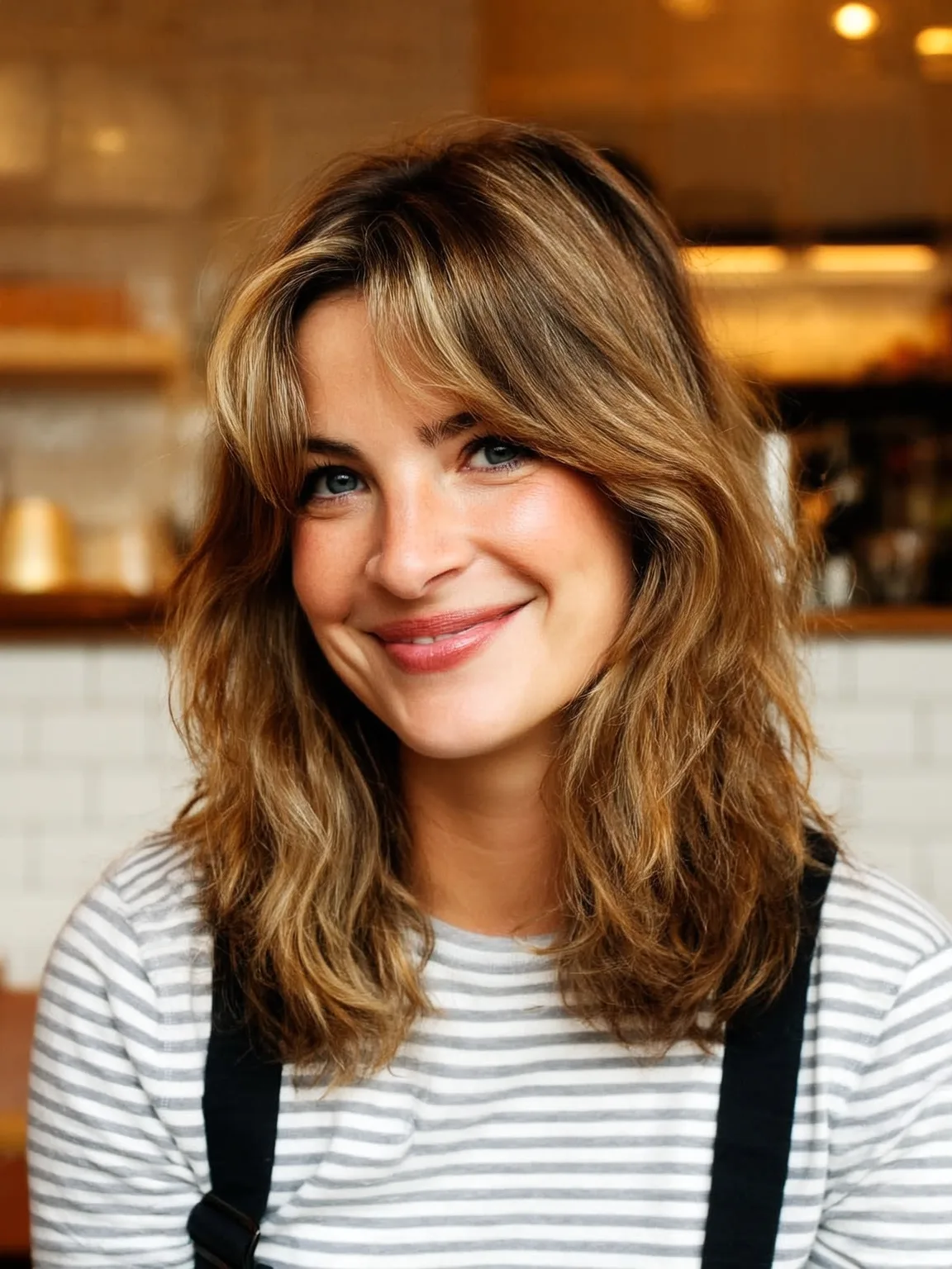 Golden Brown Layered Waves with Honey Blonde Curtain Highlights