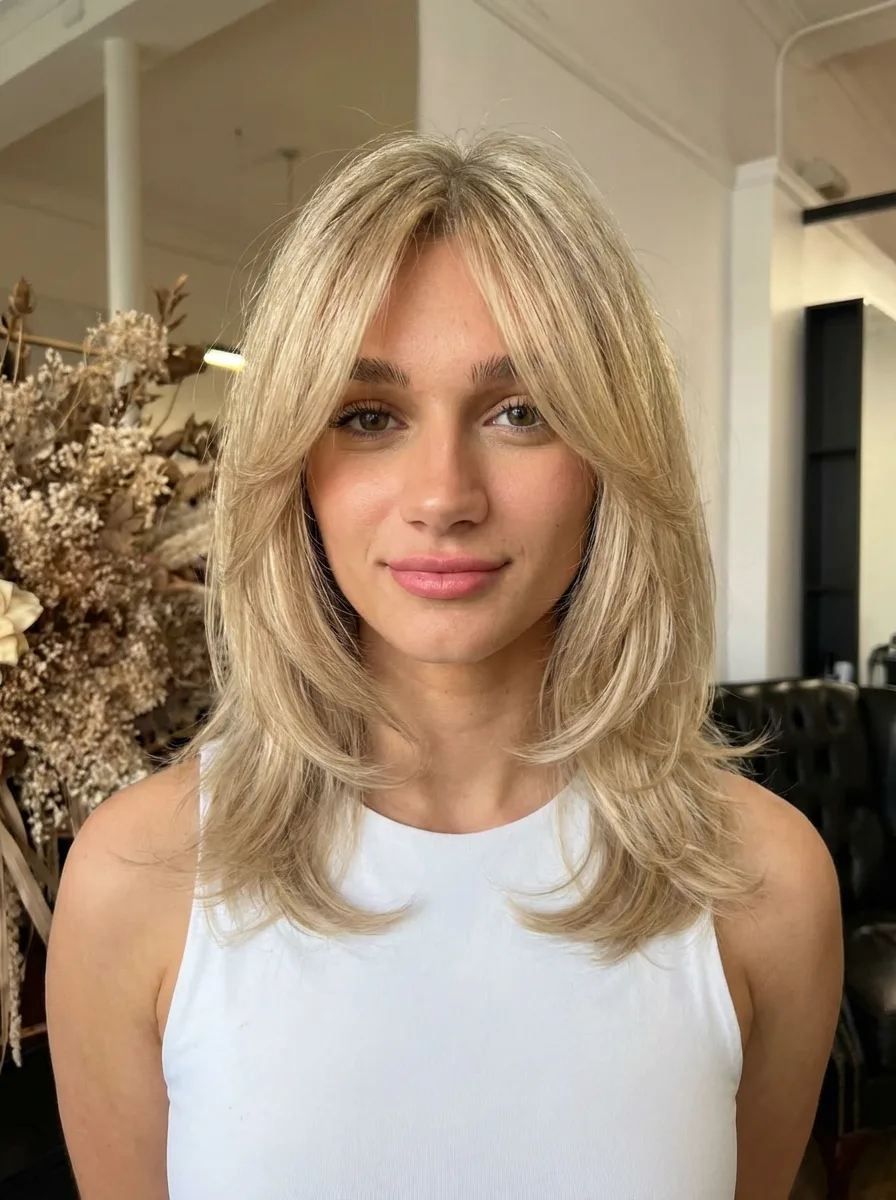 Voluminous Sandy Blonde Layers with Curtain Bangs