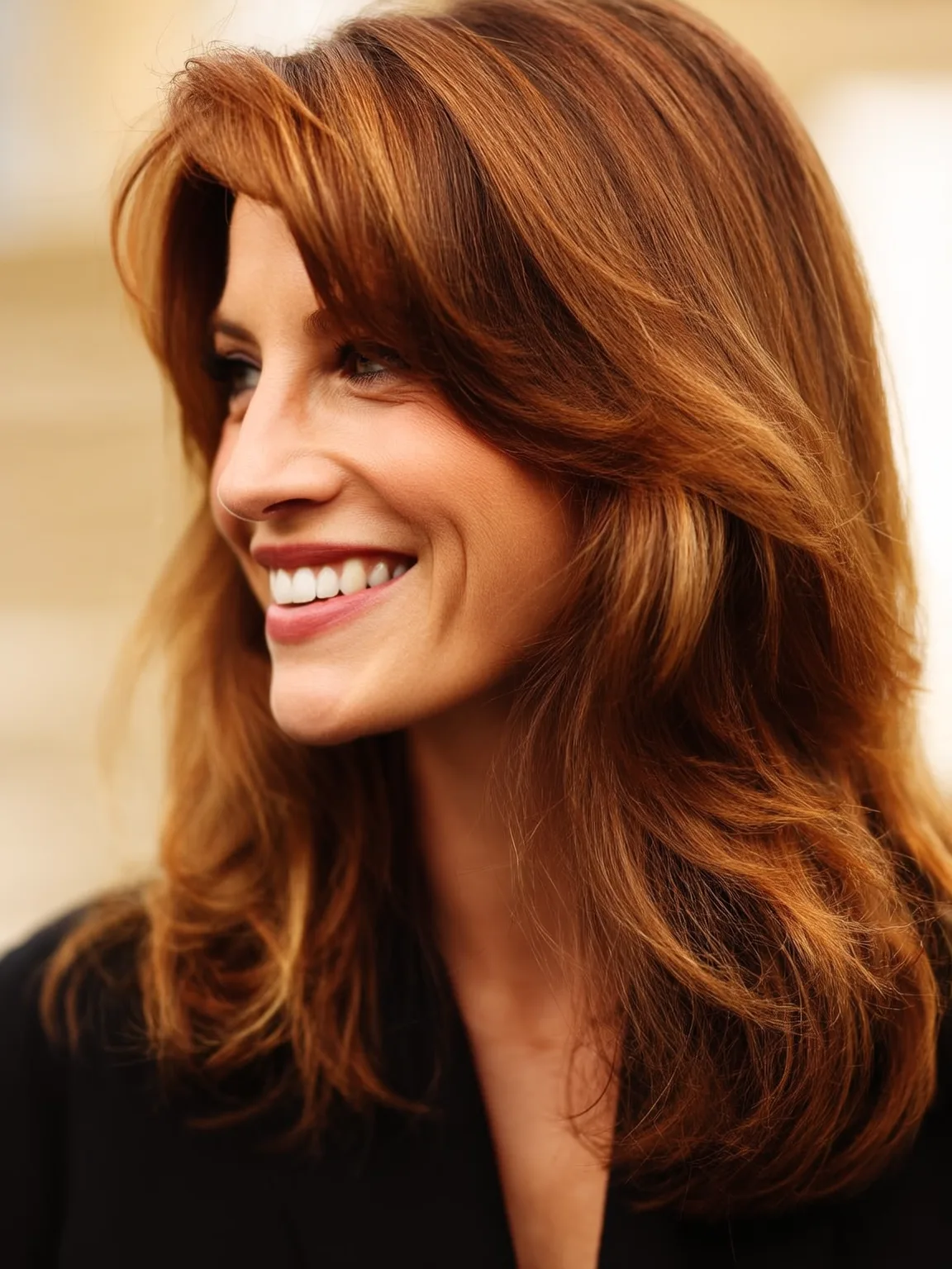 Voluminous Warm Caramel Wavy Layers with Curtain Bangs