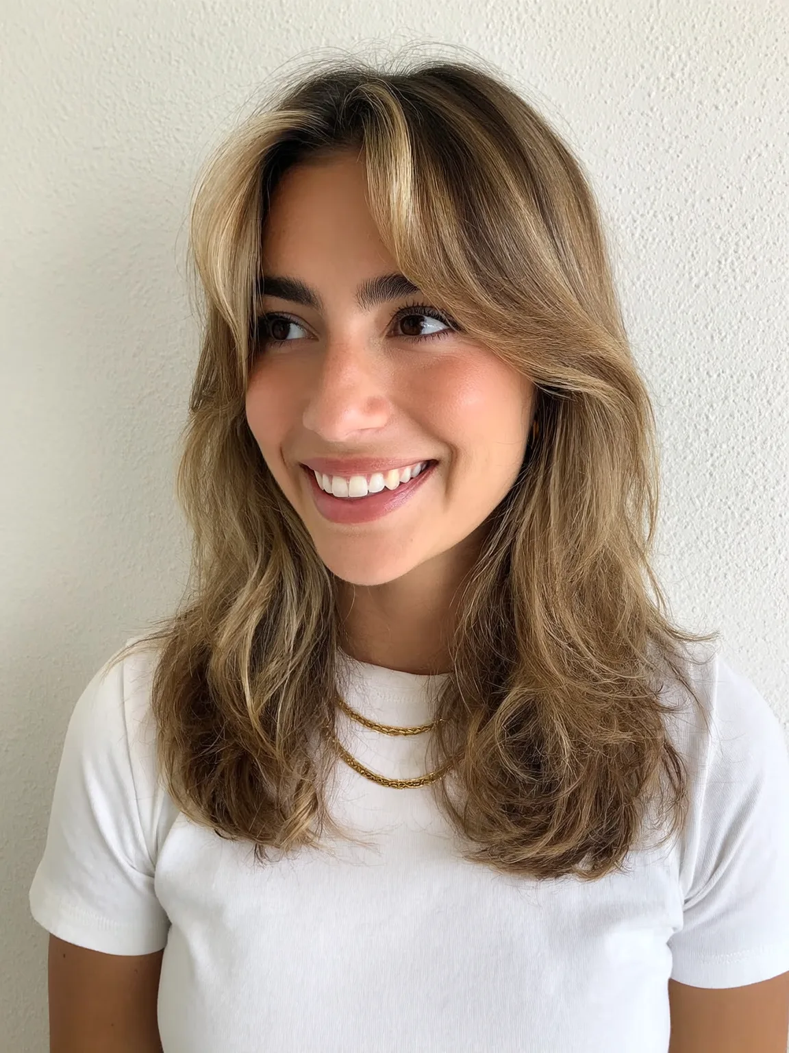 Sandy Blonde Wavy Layers with Honey Highlights and Curtain Bangs