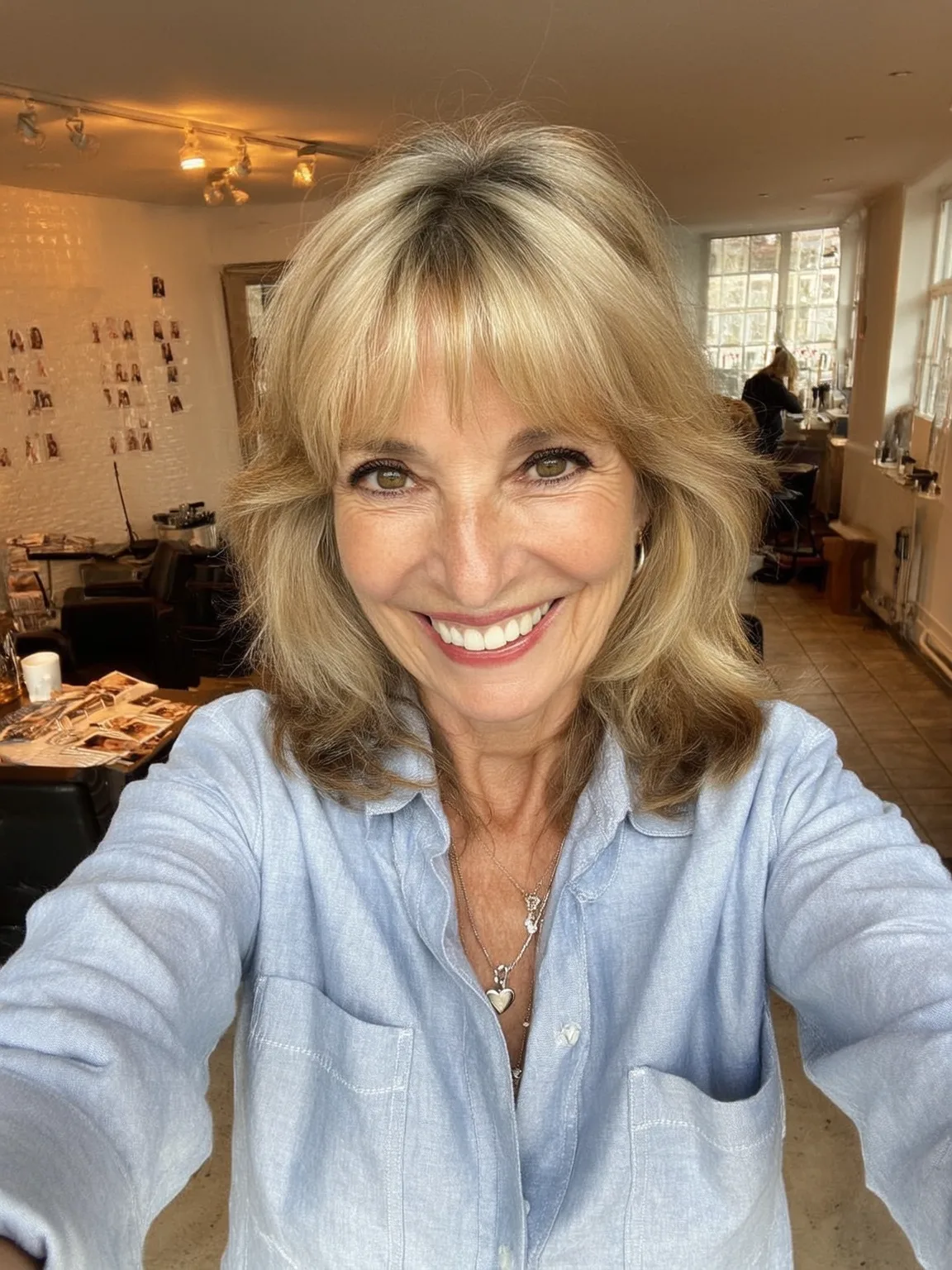 Wavy Honey Blonde Balayage Layers with Curtain Bangs
