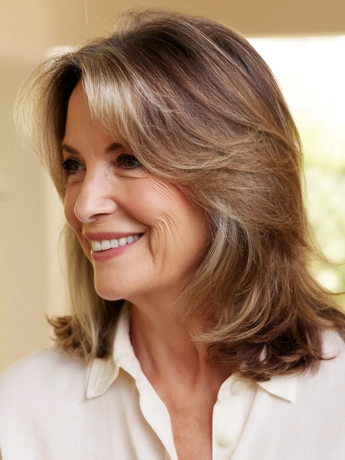 Wavy Soft Ash Brown Layers with Side-Swept Bangs