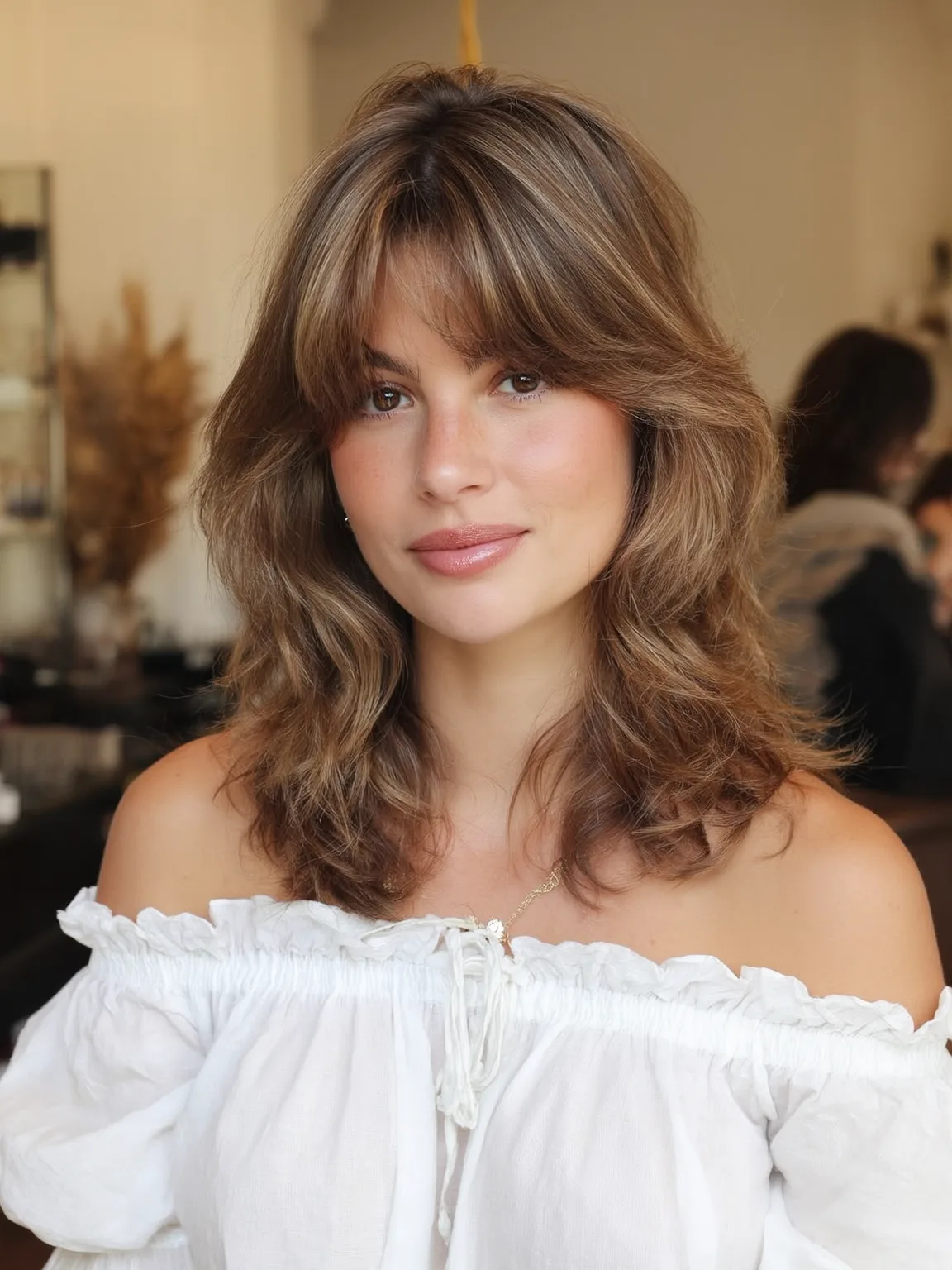 Warm Caramel Brown Medium Layers with Curtain Bangs