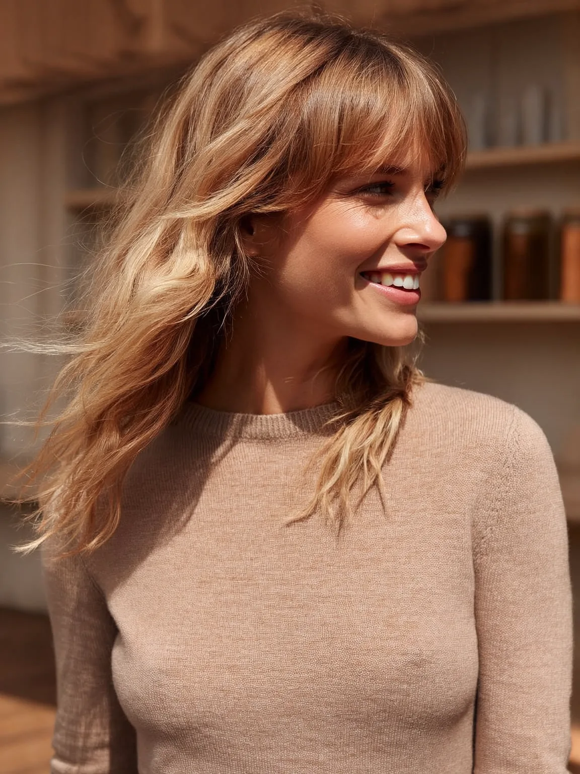 Honey Blonde Ombre Layers with Curtain Bangs