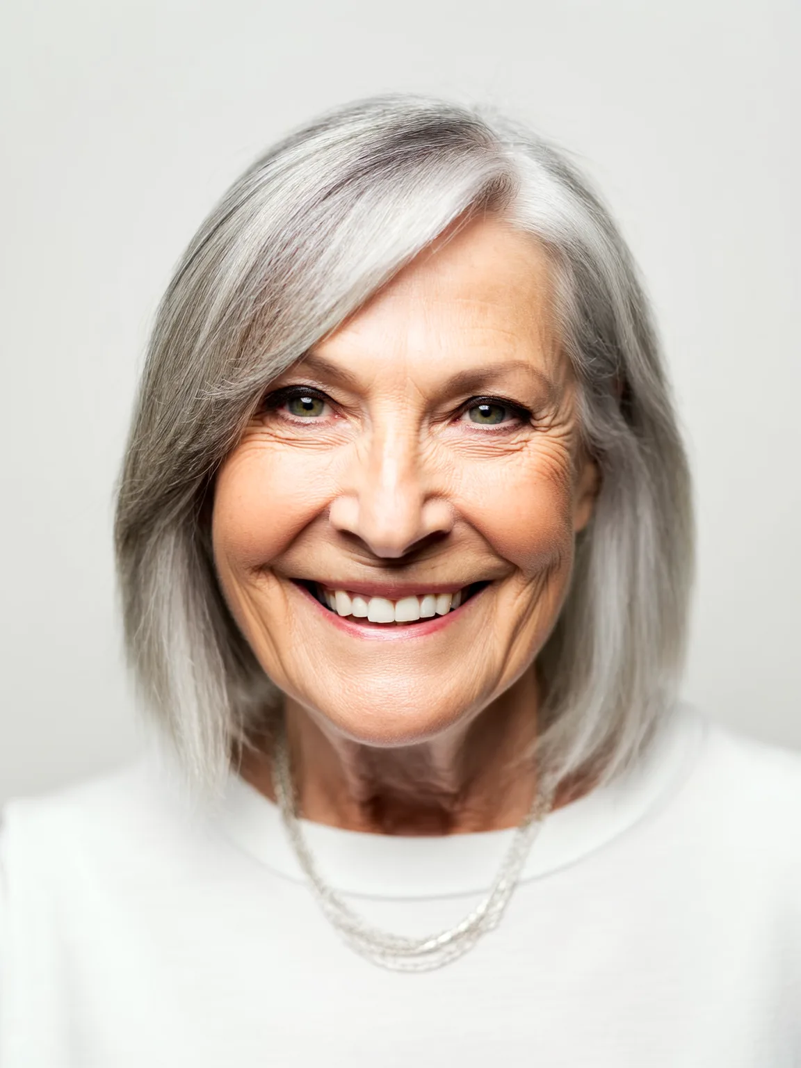 Straight Silver Frost Lob with Side-Swept Bangs