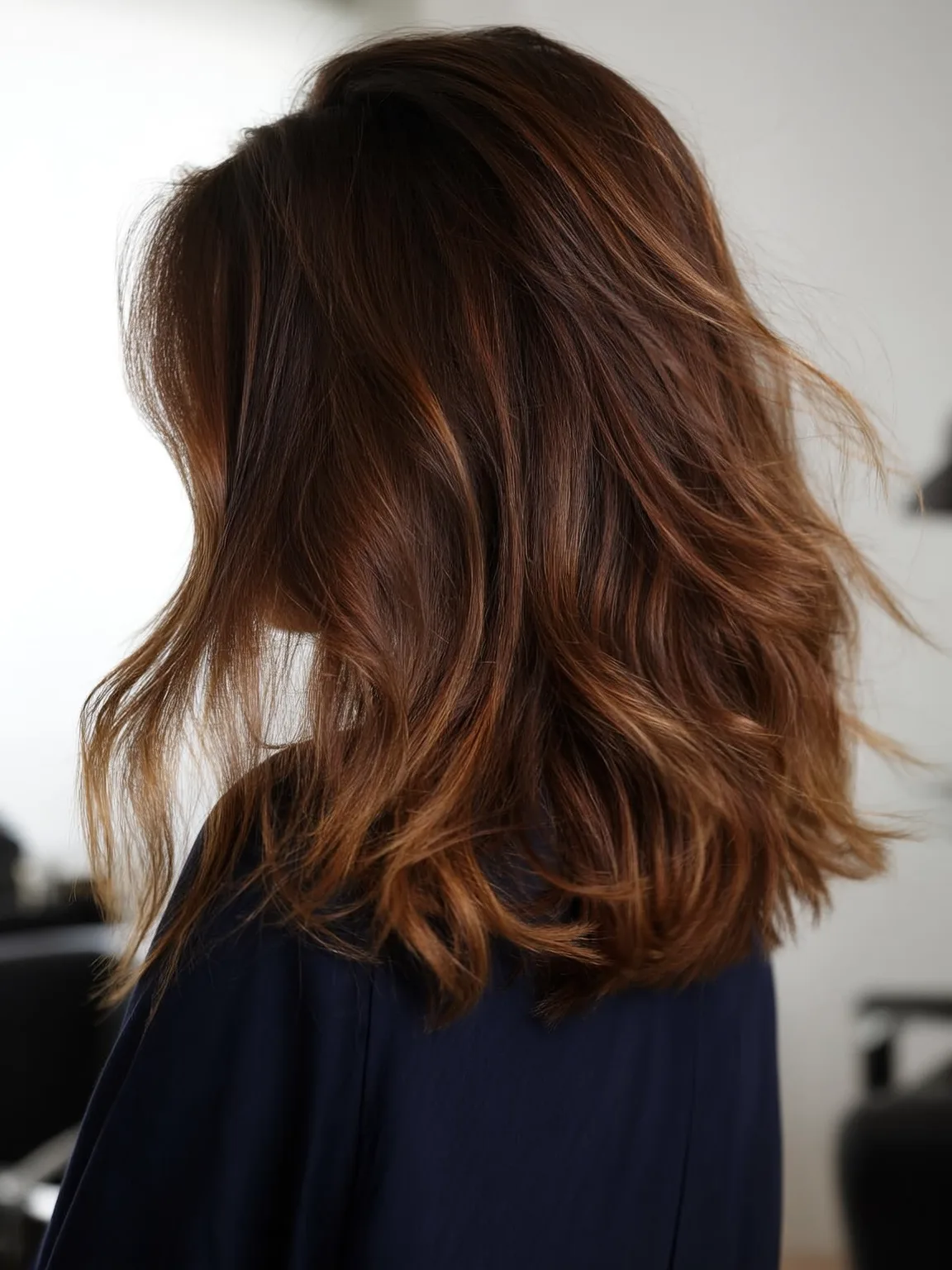 Voluminous Warm Caramel Brown Wavy Layers