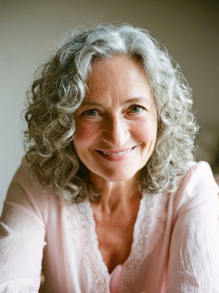 Voluminous Silver Grey Curly Layers on Oval Faces