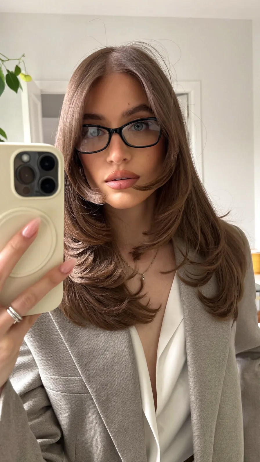 Soft Ash Brown Medium Layered Blowout with Curtain Bangs