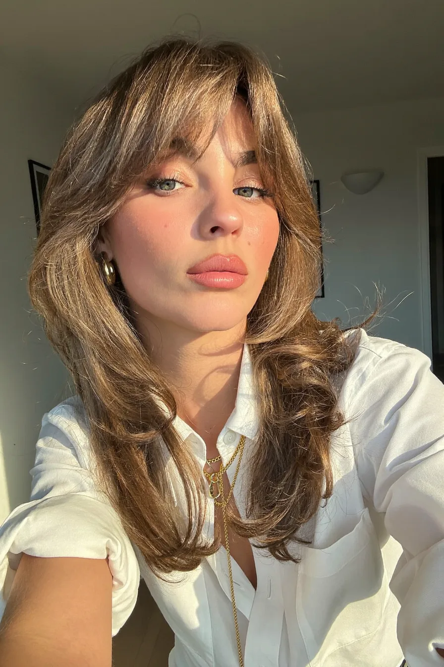 Soft Curtain Bangs with Warm Ash Brown Long Layers