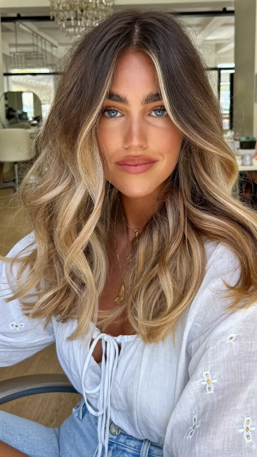 Voluminous Wavy Long Layers with Honey Blonde Balayage Highlights