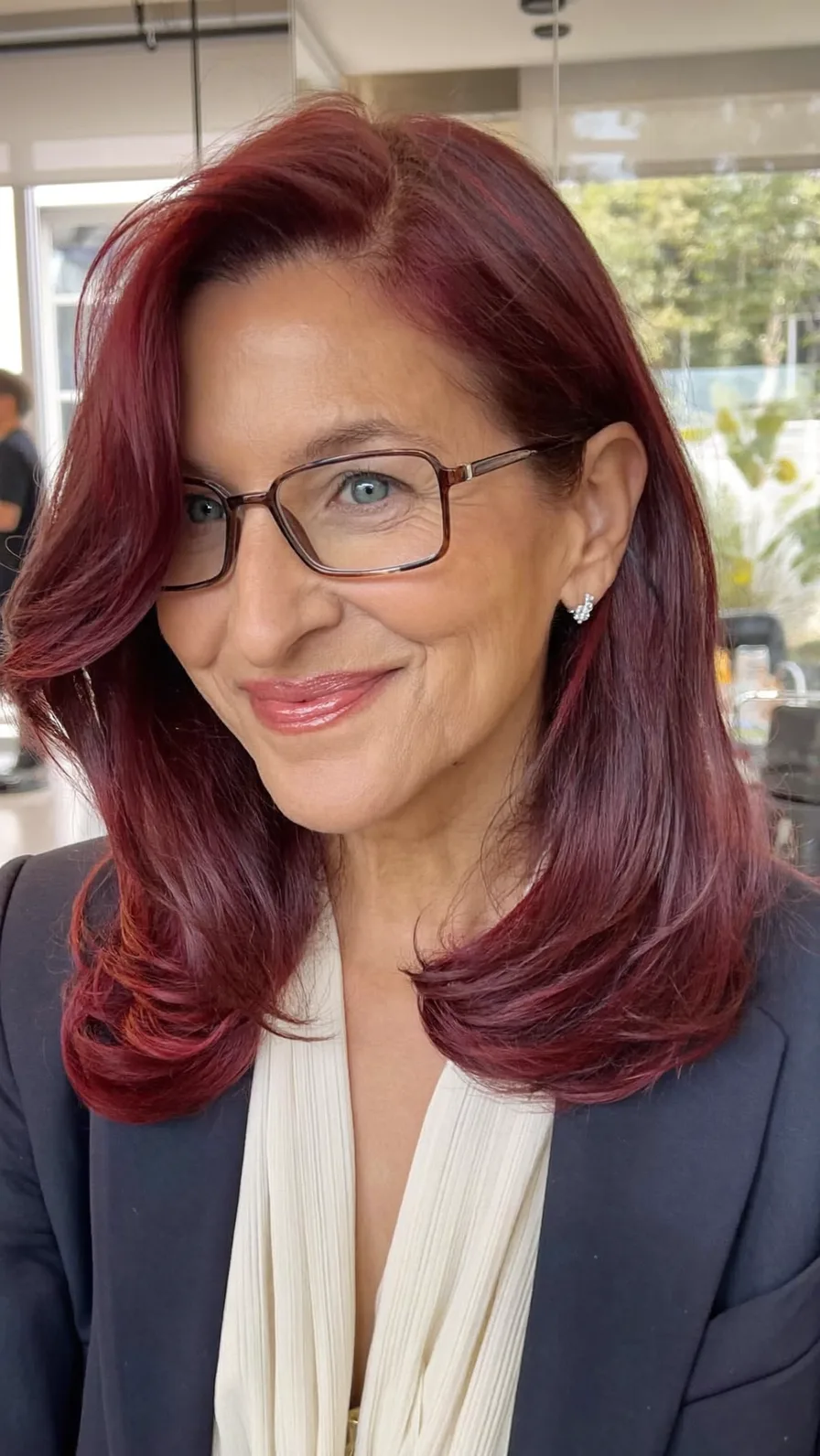 Elegant Medium Length Side-Swept Burgundy Long Layers Hairstyle