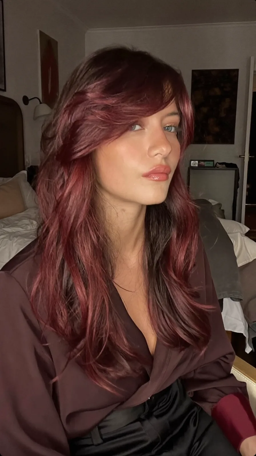 Modern Deep Burgundy Long Layers with Feathered Ends
