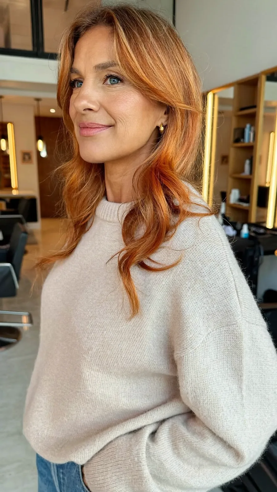 Elegant Medium-Length Copper Hair with Soft Curtain Bangs