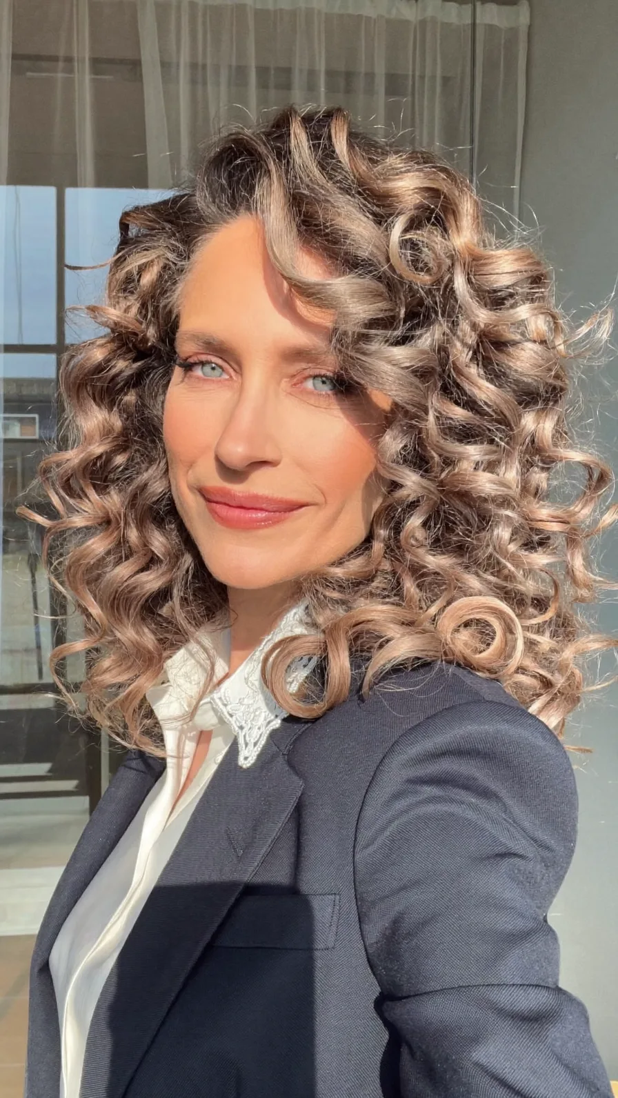 Voluminous Bouncy Curls with Dark Ash Brown Caramel Balayage