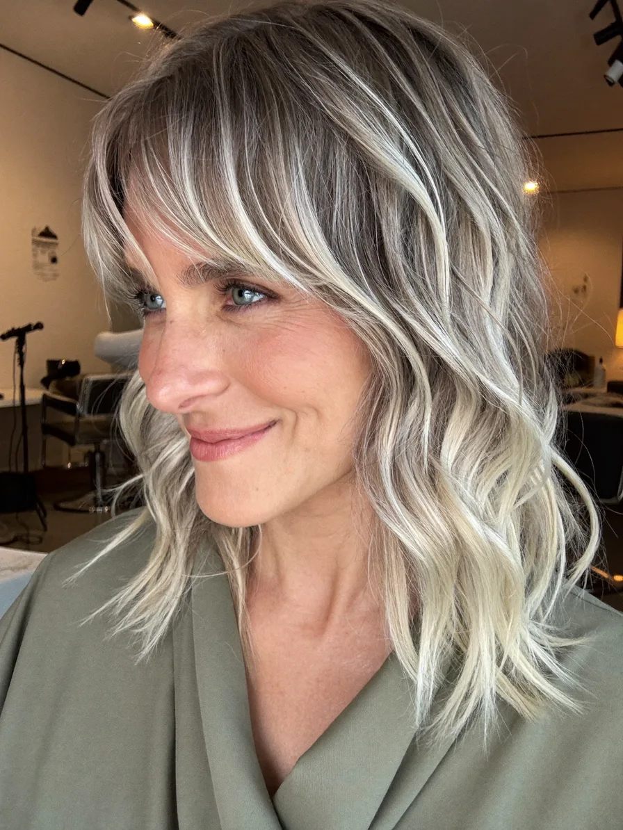 Medium Wavy Shag with Ash Blonde Balayage and Curtain Bangs