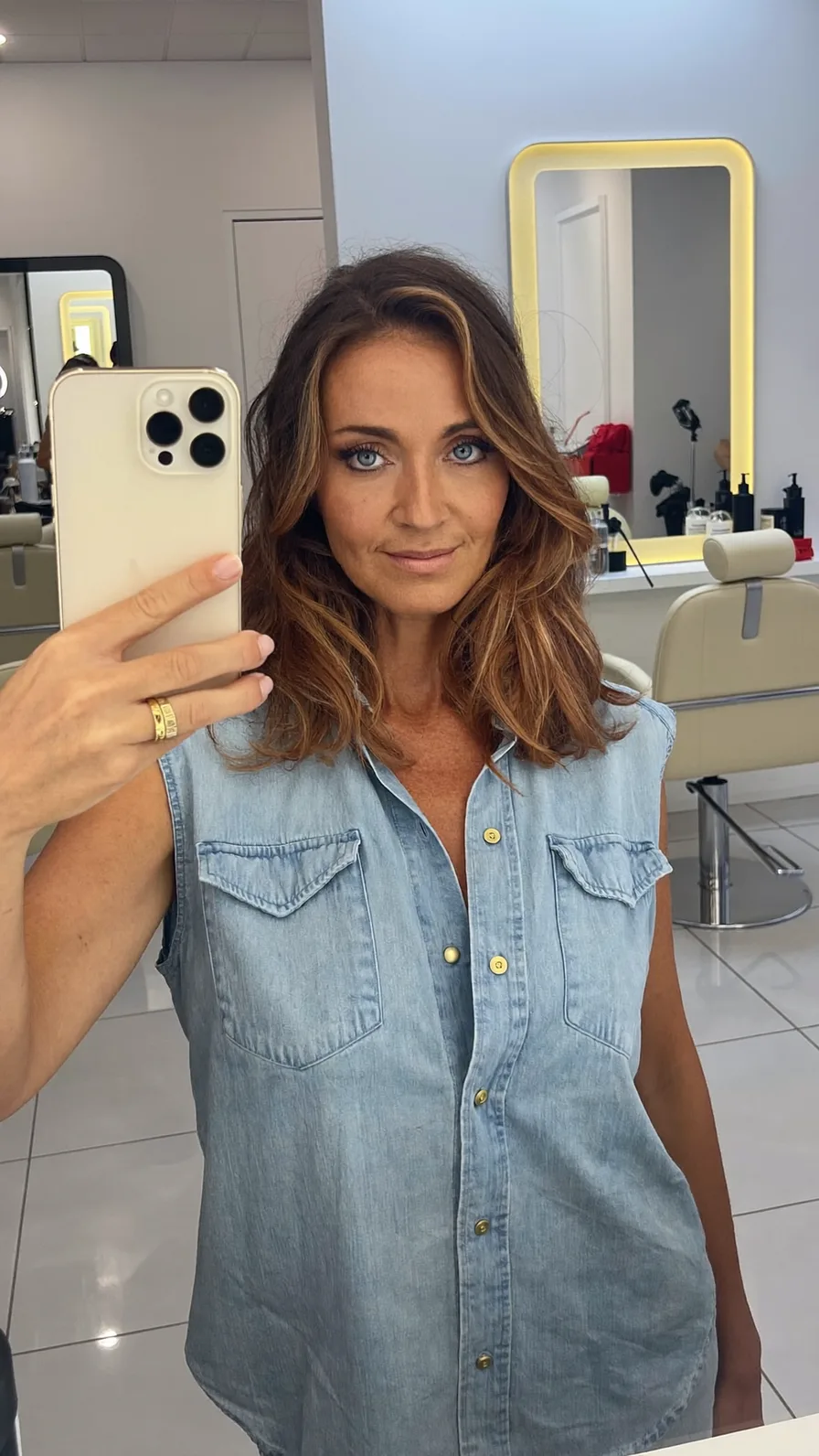 Soft Layered Medium Length Warm Caramel Balayage Waves