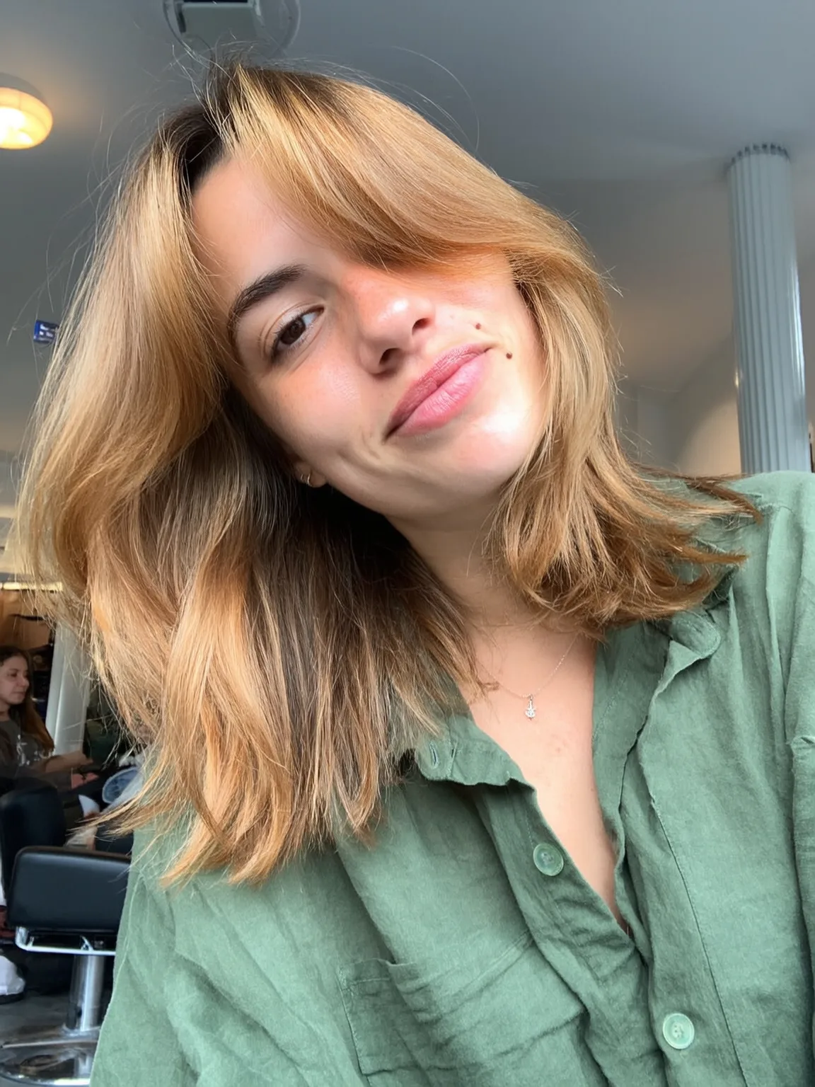 Caramel Blonde Wavy Lob with Long Bangs