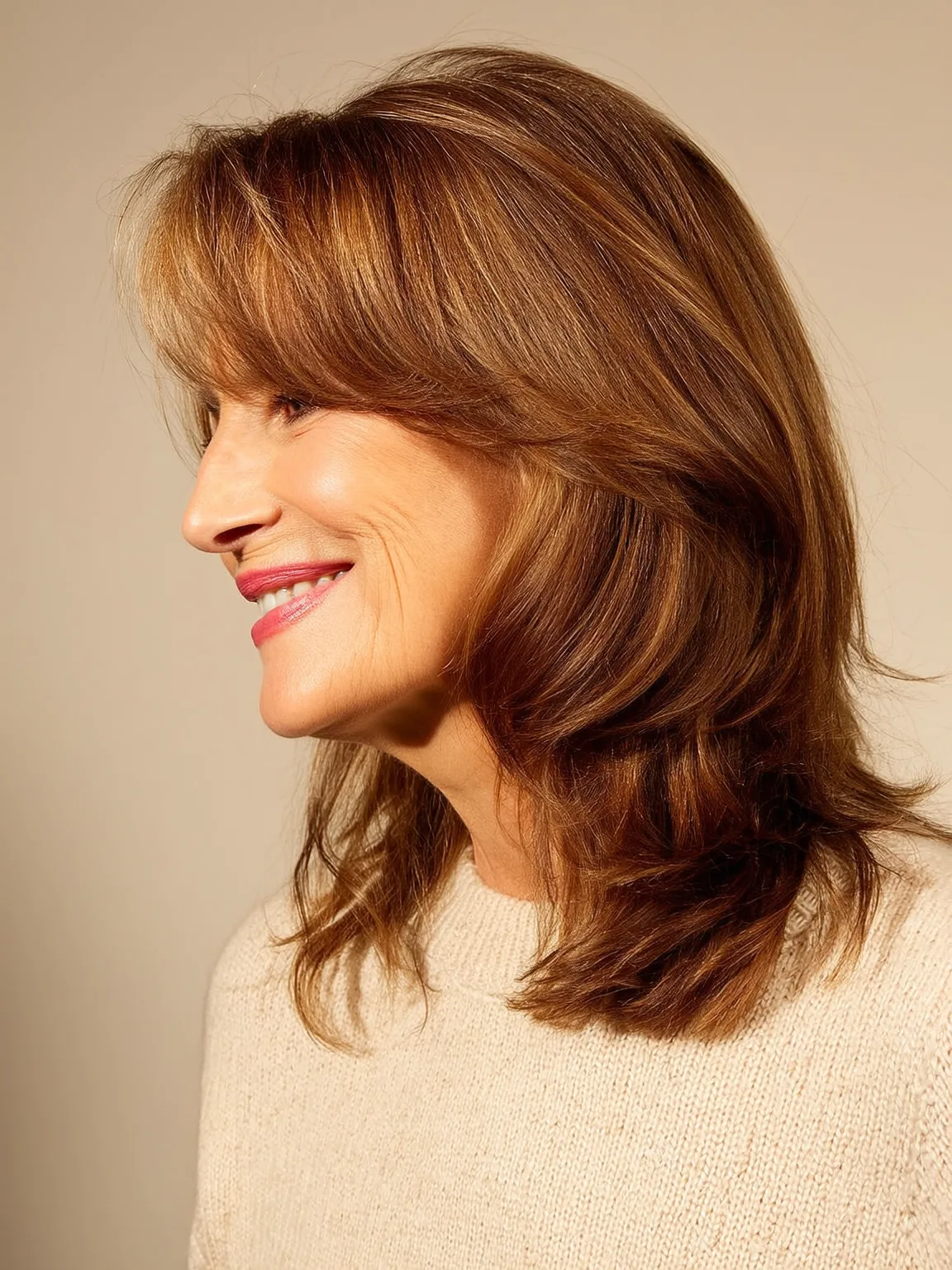 Wavy Warm Caramel Layered Cut with Side-Swept Bangs