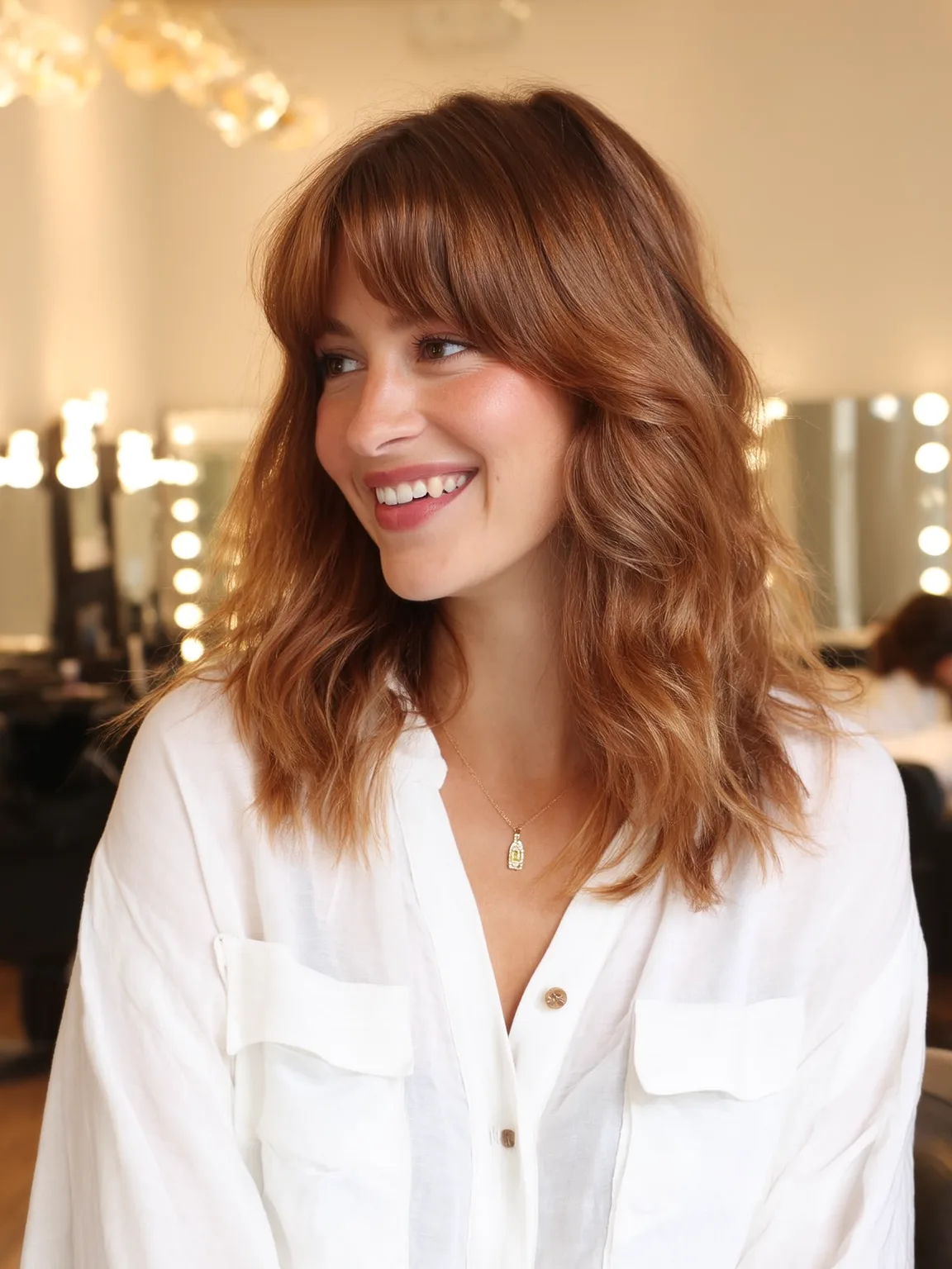 Warm Caramel Wavy Lob with Curtain Bangs