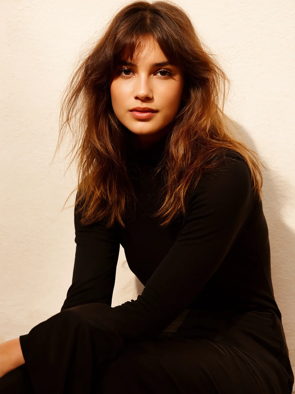 Wavy Warm Caramel Lob with Wispy Bangs