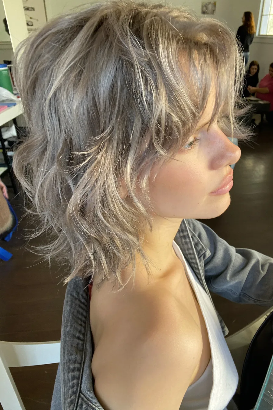 Voluminous Textured Silvery Ash Blonde Medium Shag Haircut
