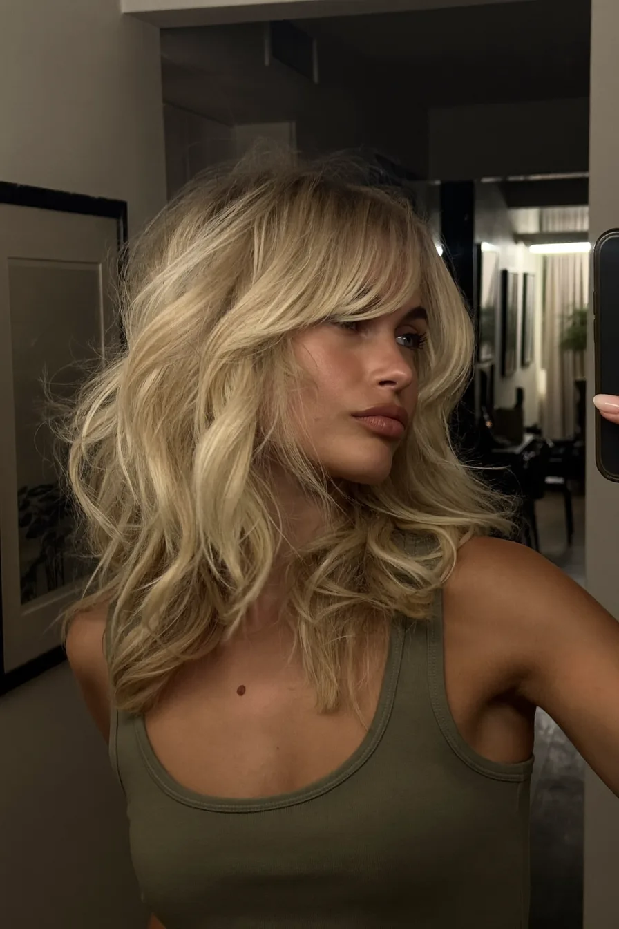 Voluminous Cool Ash Blonde Layered Shag with Curtain Bangs