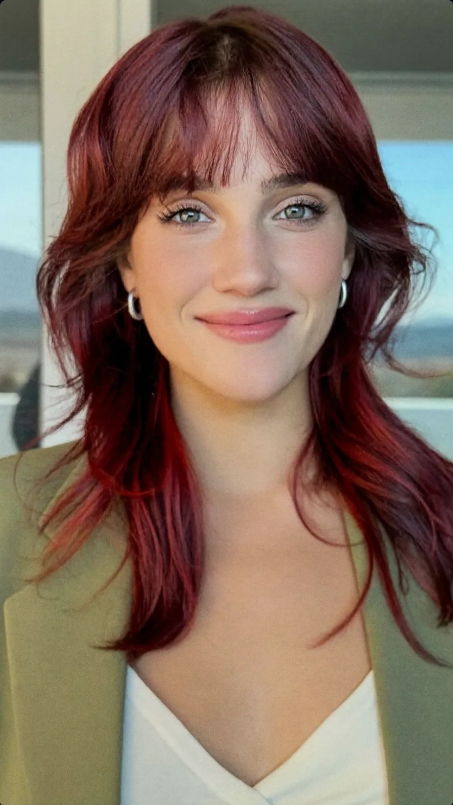 Textured Medium Auburn Shag with Wispy Center-Parted Bangs