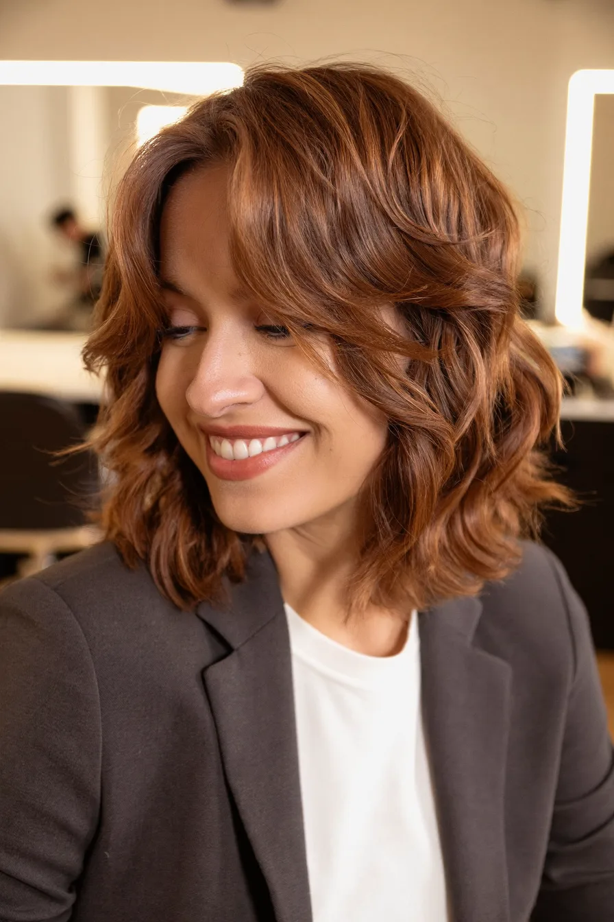 Voluminous Textured Medium-Length Shag with Curtain Bangs