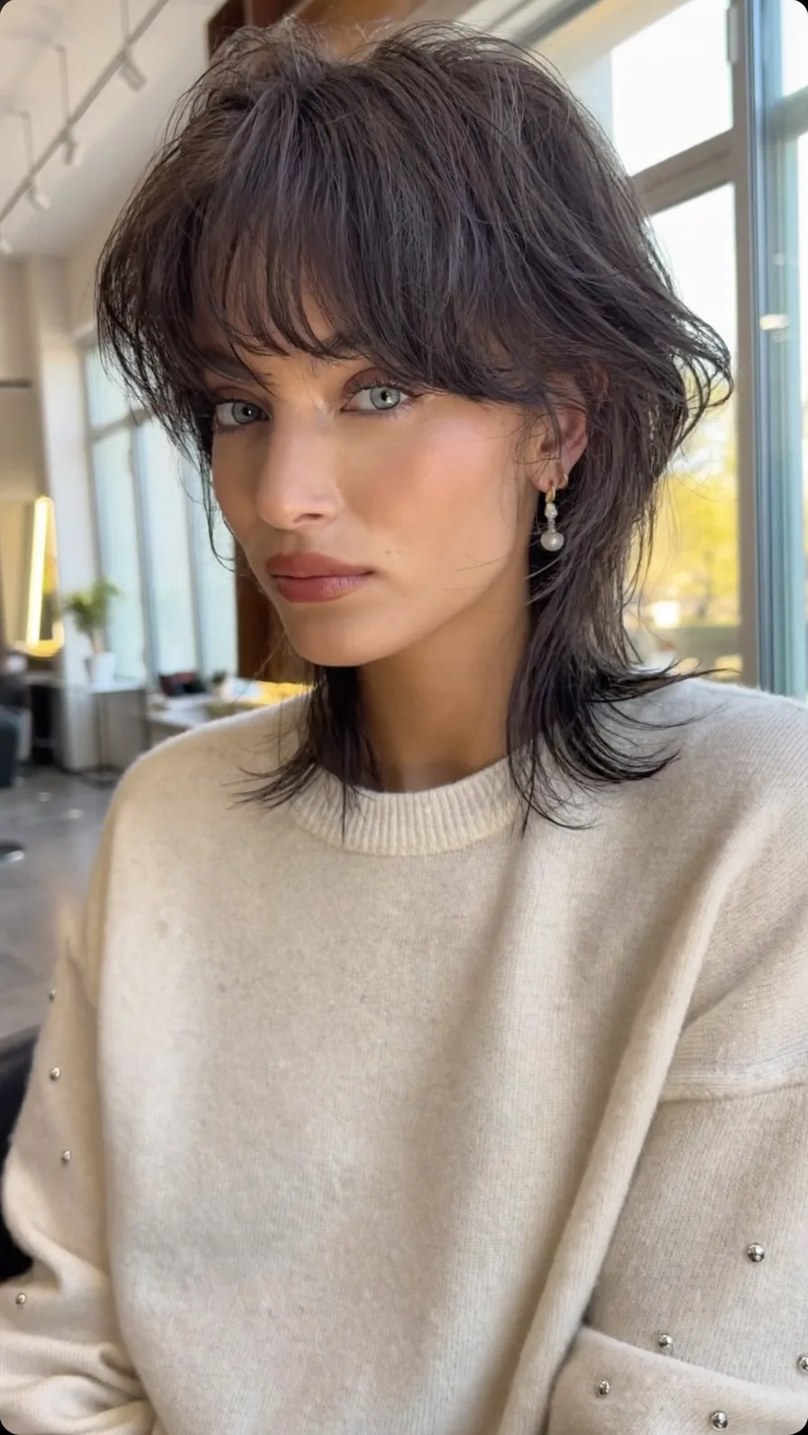 Modern Textured Shag with Wispy Center-Parted Bangs