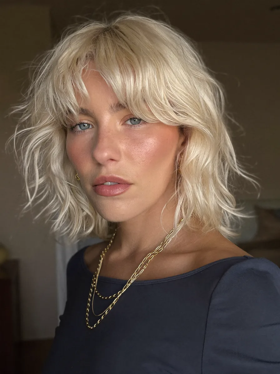 Textured Platinum Blonde Shag with Curtain Bangs