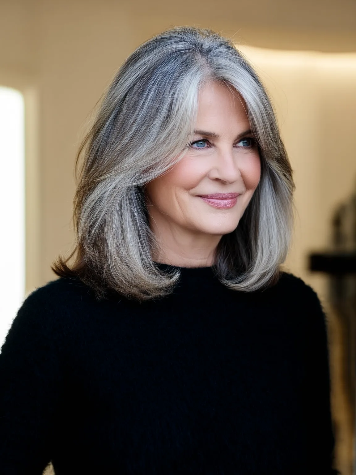 Silver Grey Layers with Natural Lowlights and Side-Swept Bangs