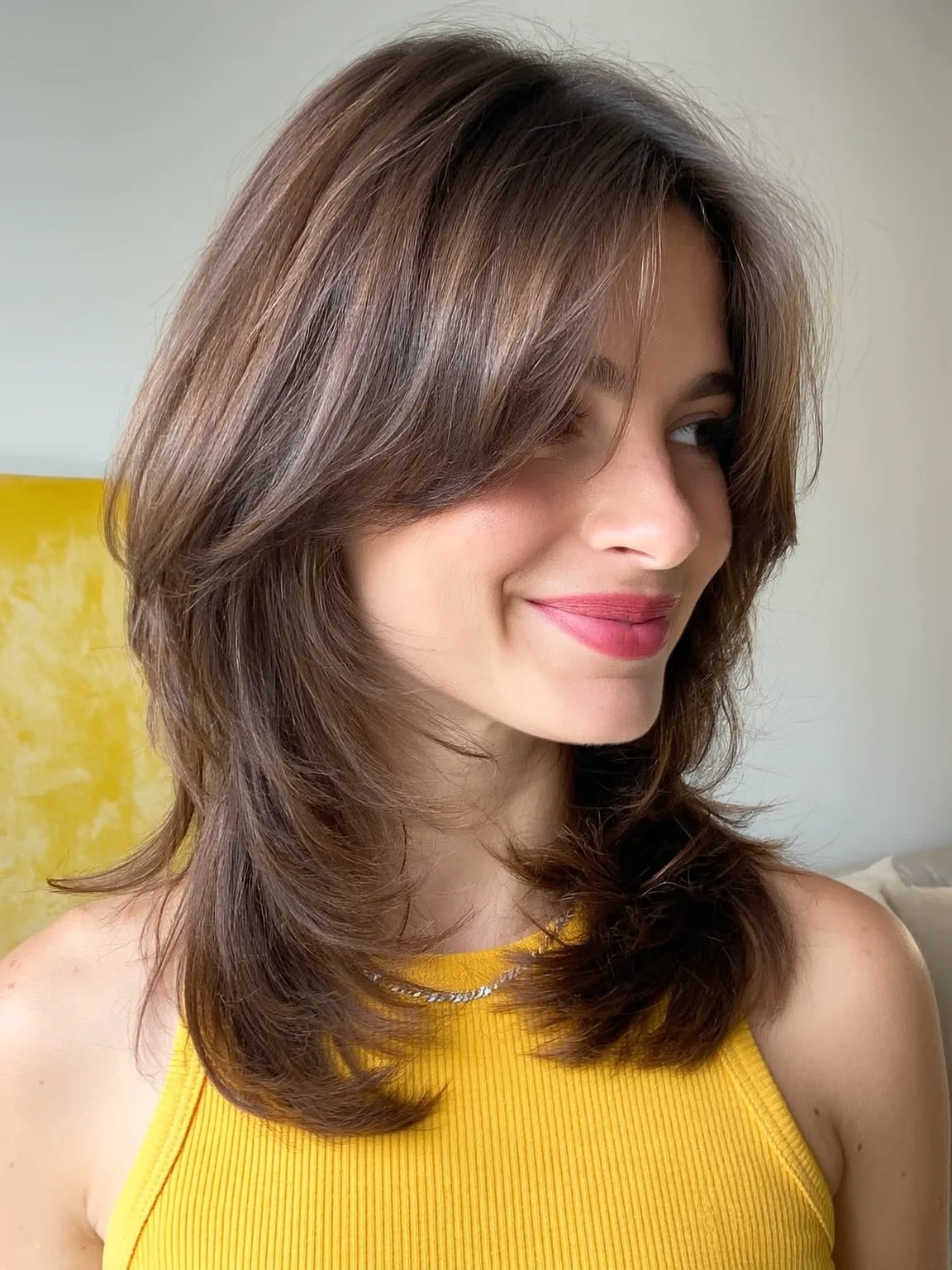 Warm Chestnut Brown Waves with Curtain Bangs