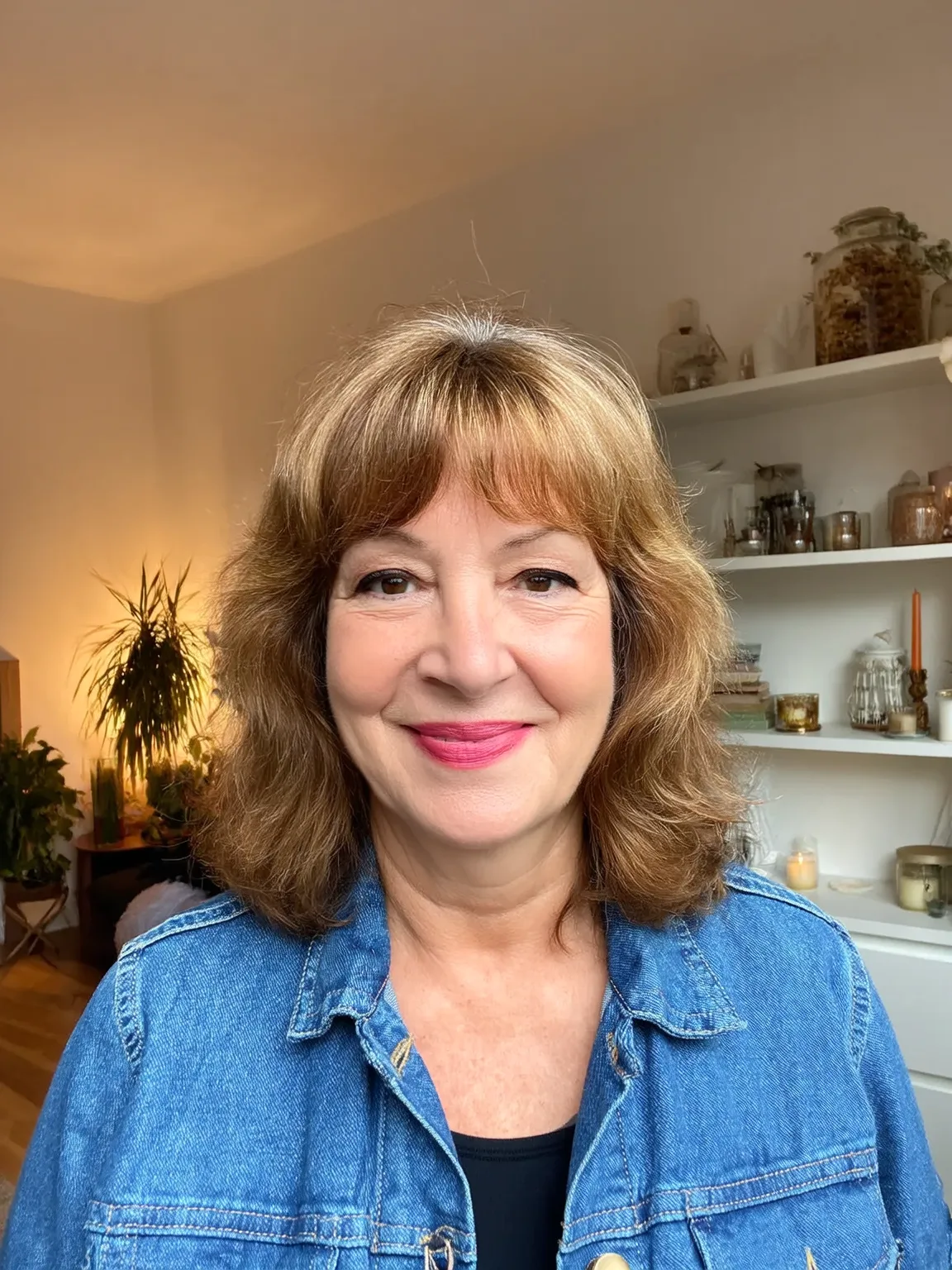 Voluminous Warm Golden Brown Layers with Curtain Bangs
