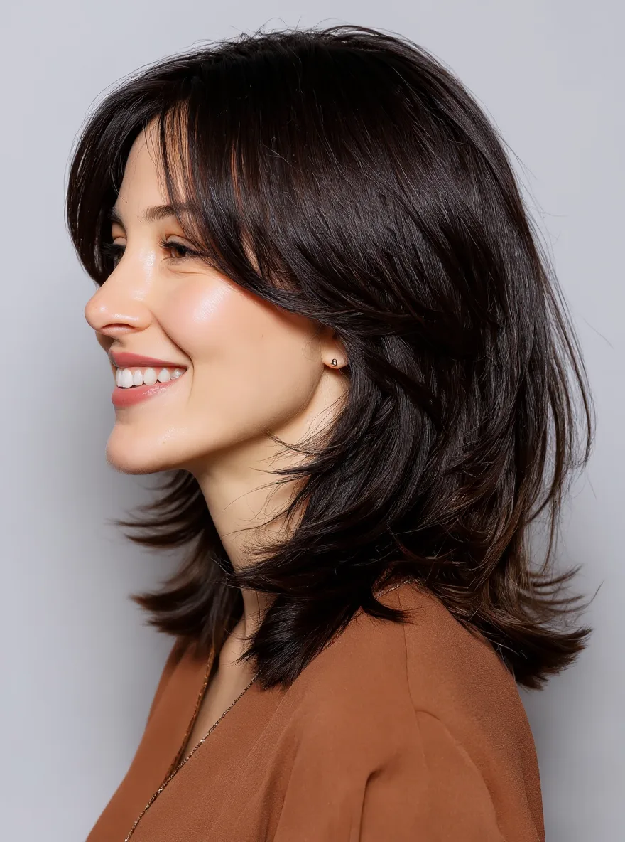 Rich Chocolate Brown Voluminous Layers with Curtain Bangs