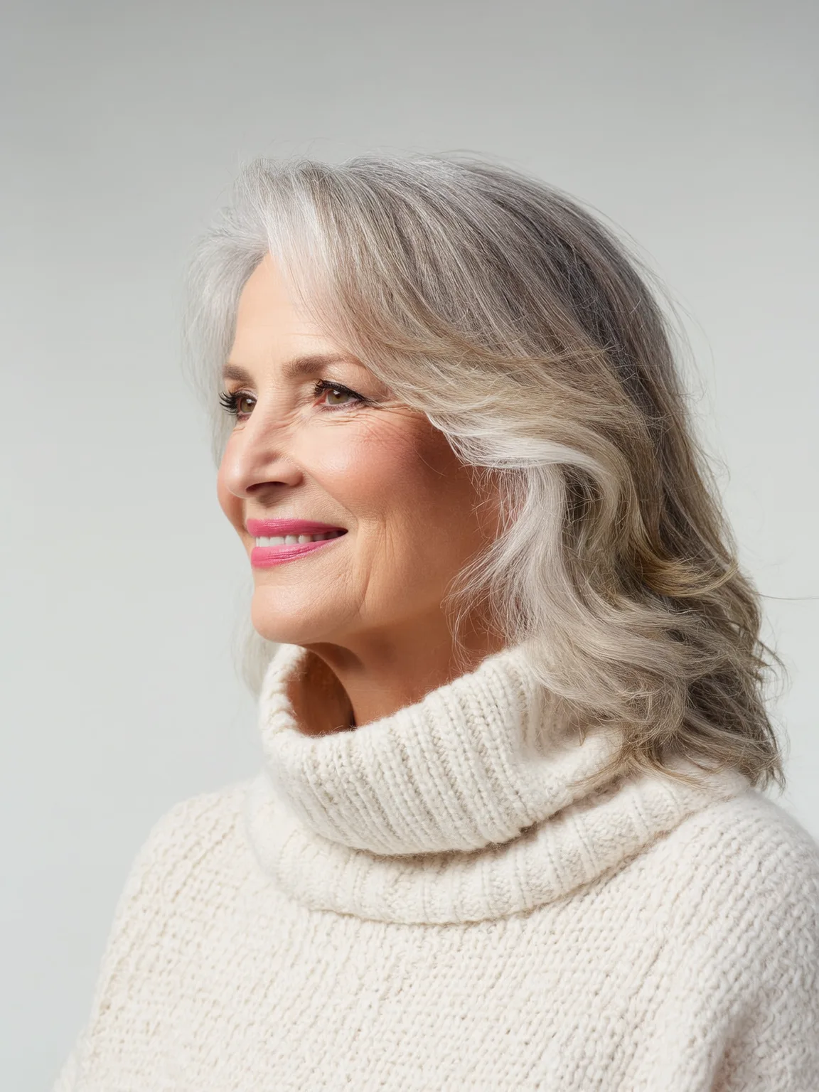 Silver Frost Layered Waves with Side-Swept Bangs