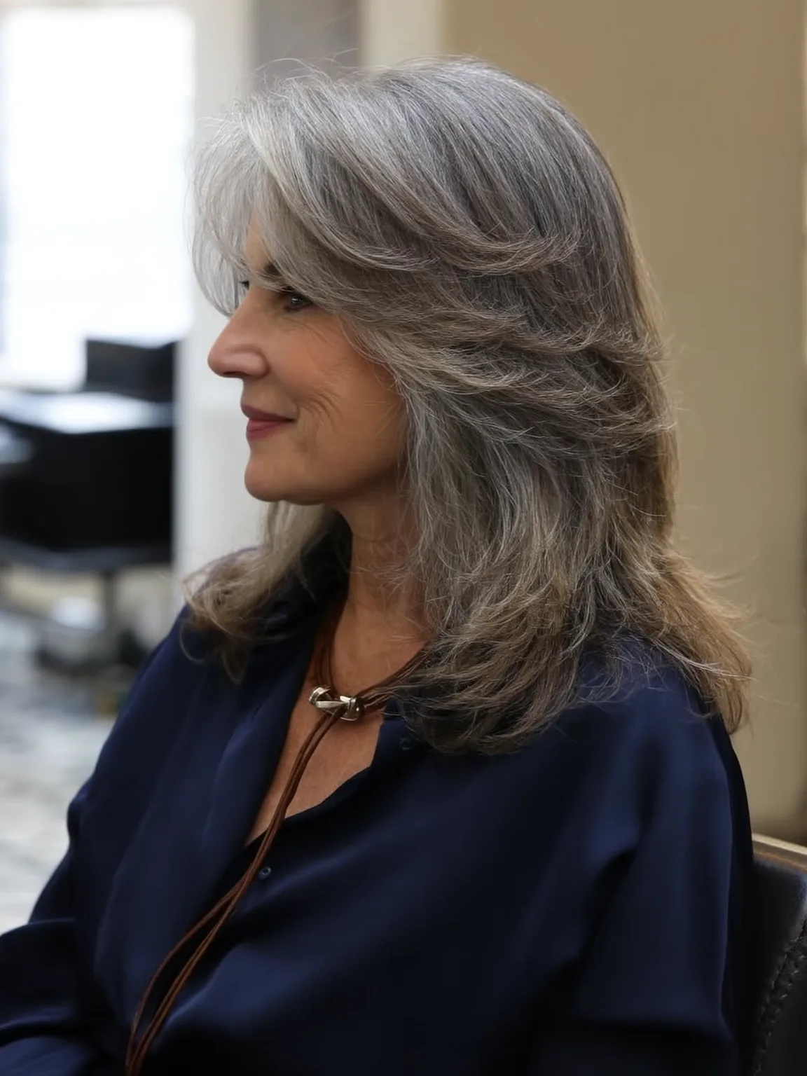 Silvery Gray Layered Waves with Voluminous Long Bangs