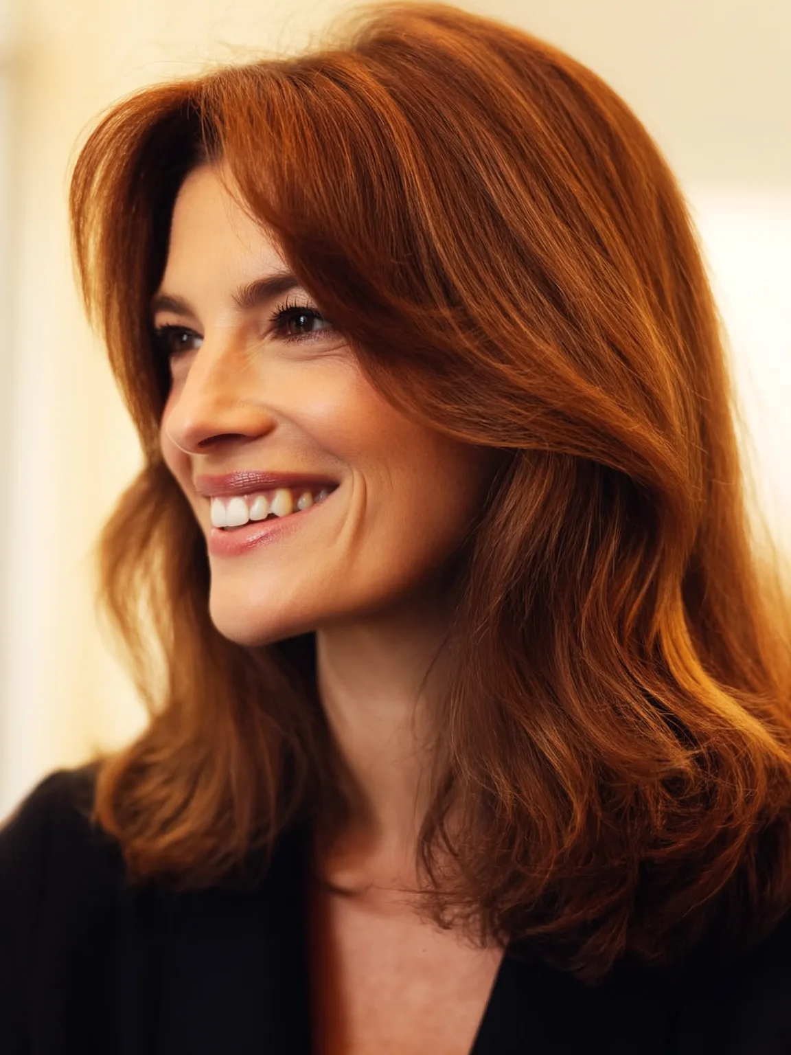 Rich Auburn Brown Layers with Curtain Bangs