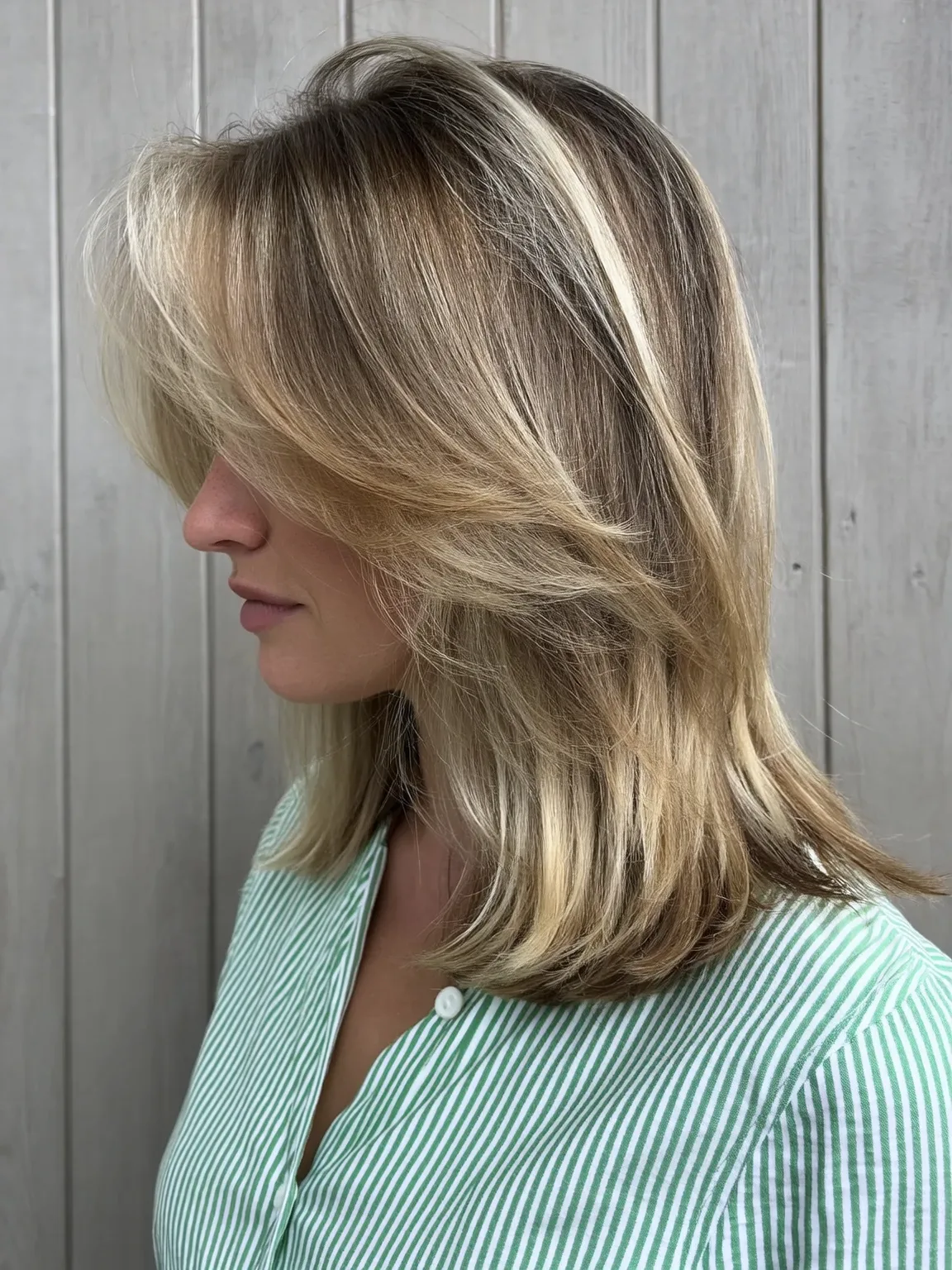Sandy Blonde Layered Waves with Side-Swept Bangs