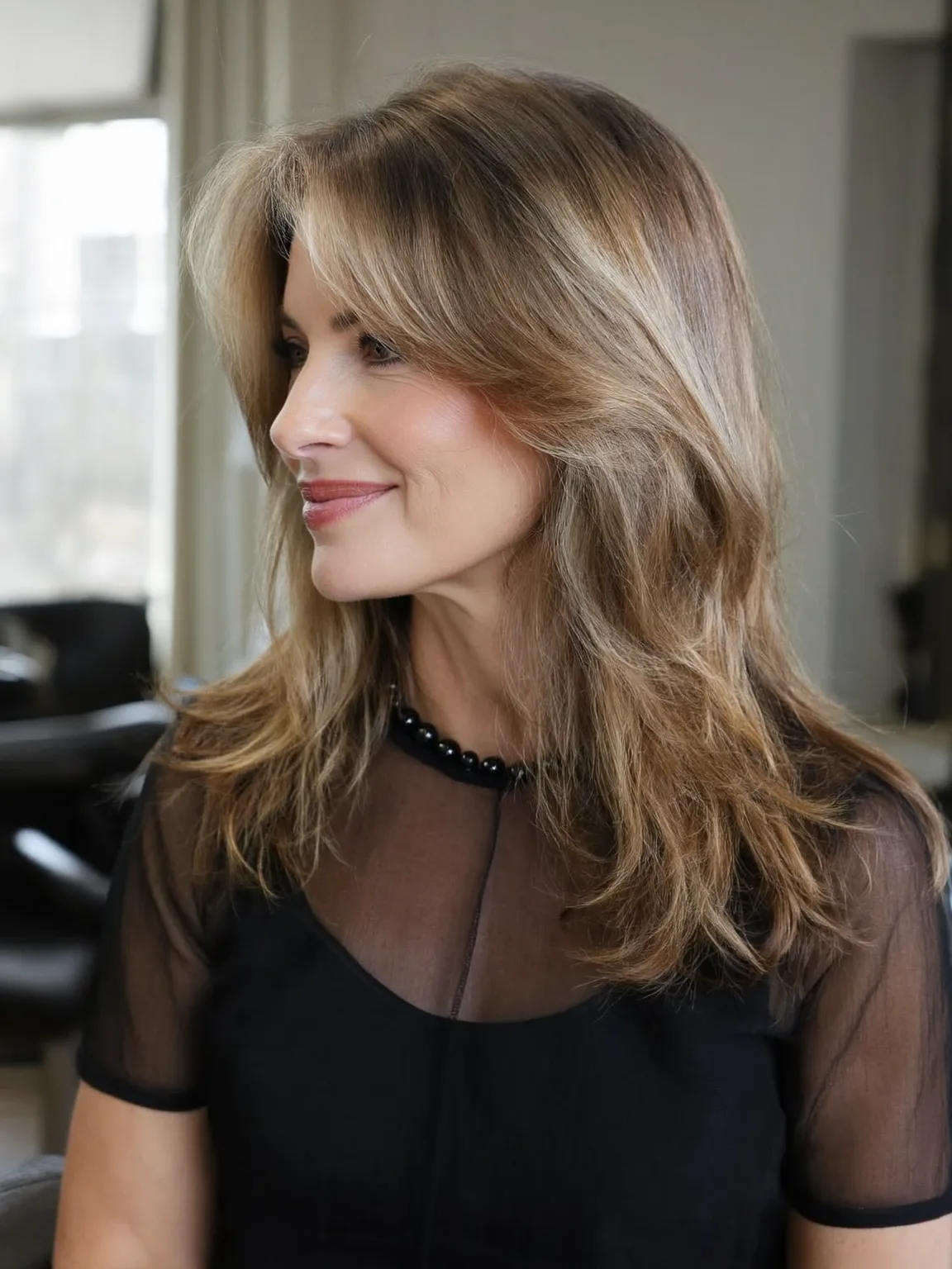 Oval Face Warm Caramel Layers with Side Bangs