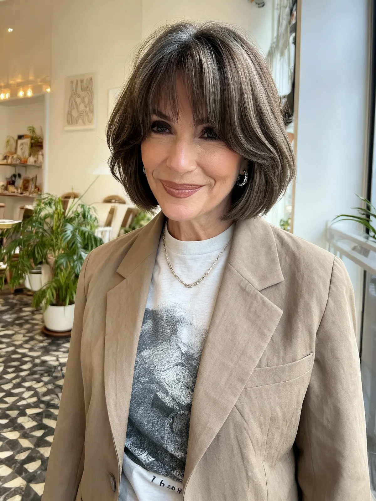 Cool Ash Brown Straight Bob with Curtain Bangs