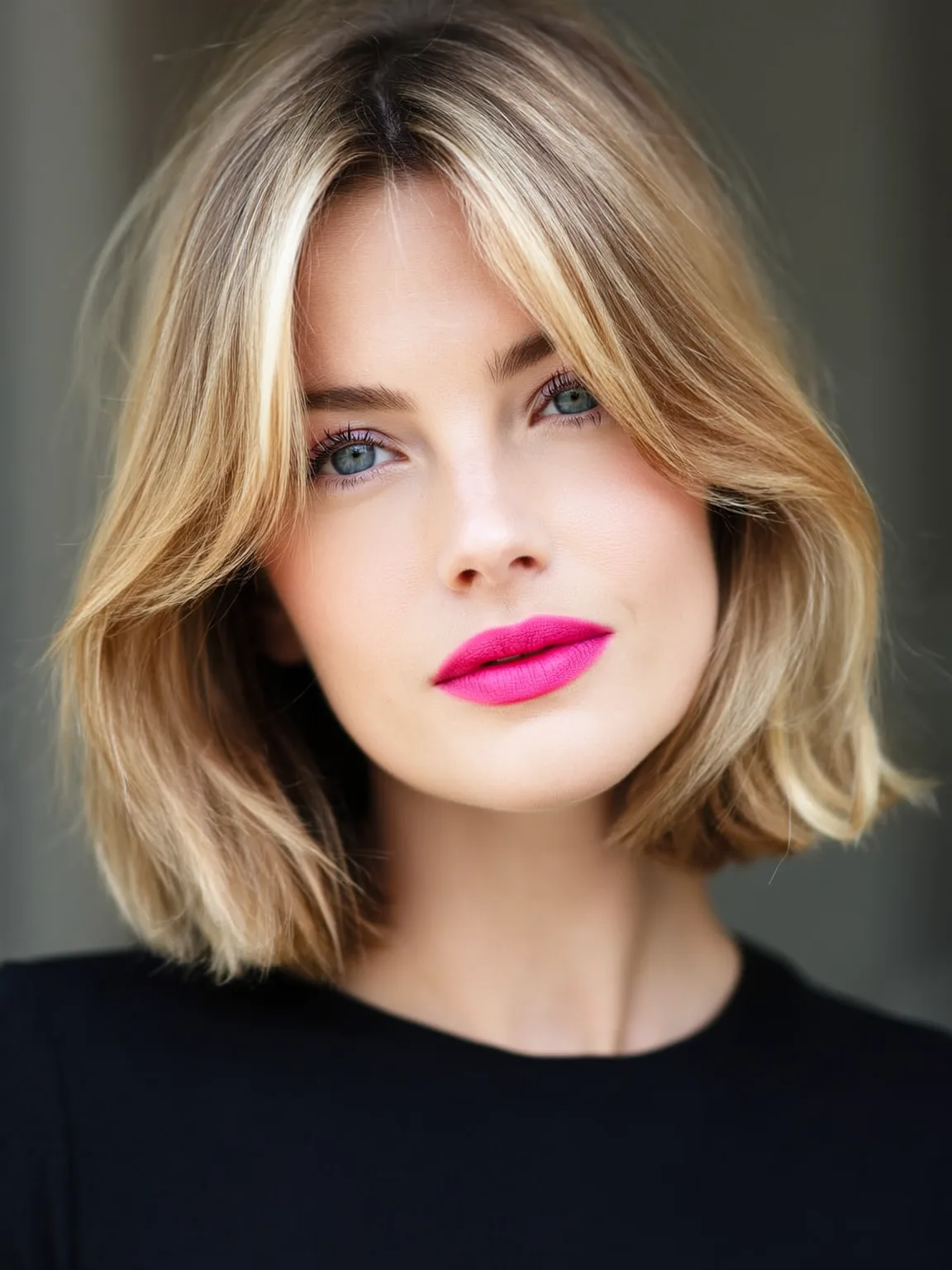 Sandy Blonde Wavy Bob with Curtain Bangs