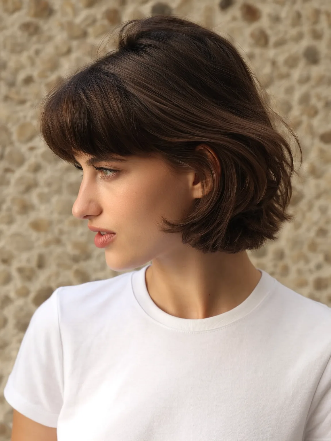 Rich Chestnut Brown Wavy Bob with Curtain Bangs