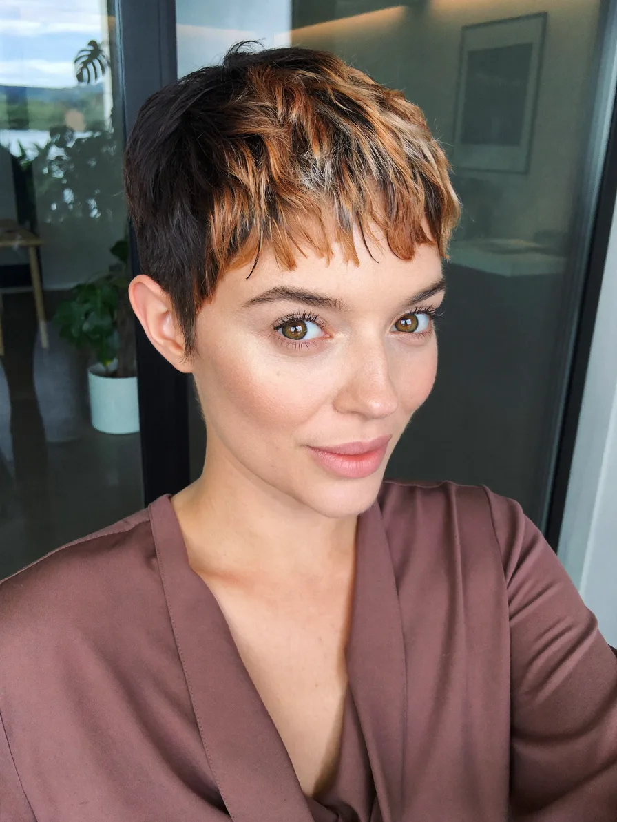 Choppy Micro-Bangs Textured Pixie with Copper Highlights