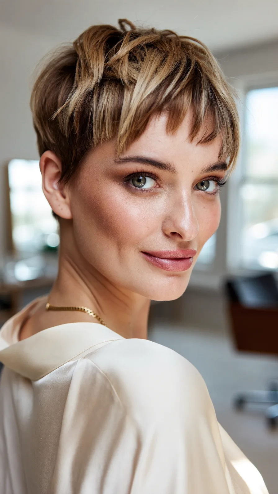 Textured Pixie with Micro Bangs and Blonde Highlights