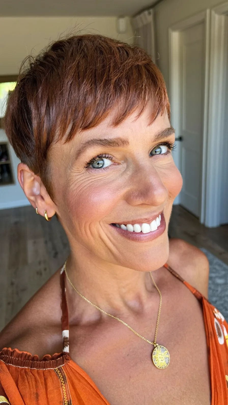 Modern Textured Auburn Pixie with Micro Bangs
