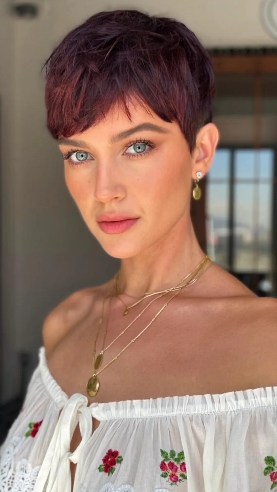 Textured Micro-Bang Pixie Cut in Deep Burgundy Plum