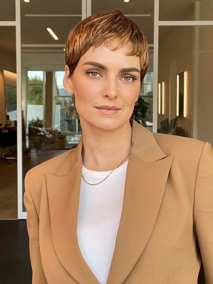 Textured Short Pixie with Warm Honey Blonde Micro-Bangs