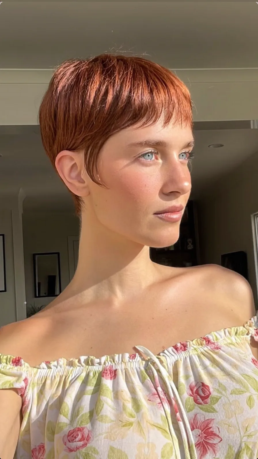 Modern Vibrant Copper Short Pixie Cut with Micro Bangs