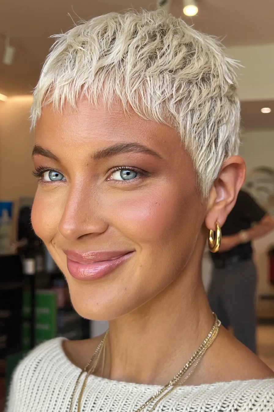 Textured Platinum Blonde Pixie Cut with Micro Bangs